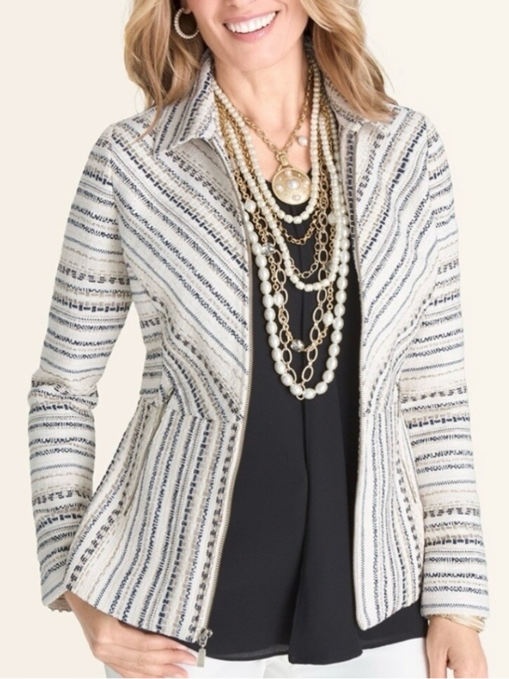 Chico's Tweed Cream and Navy Striped Zip Blazer Size XL Boho Chic